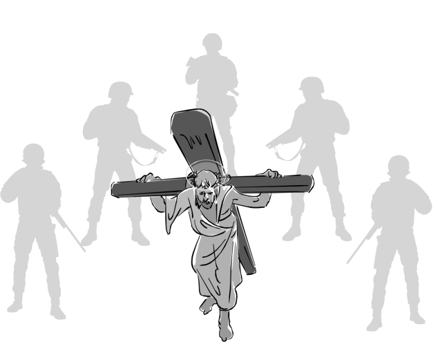 An image of Christ carry the cross while surrounded by a swat team